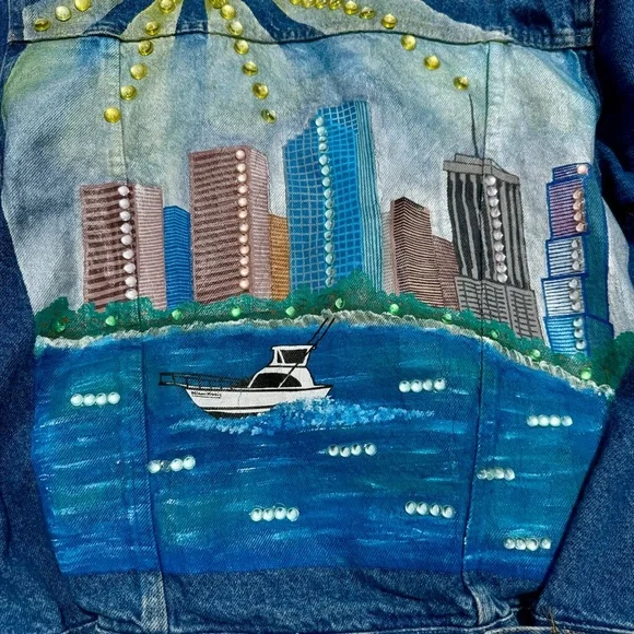 Custom Hand-Painted Miami Magic Skyline & Wizard Vintage Denim Jacket - Picture 5 of 10